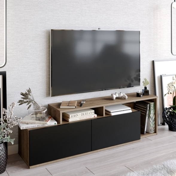 Mobile TV Da Terra 150 Cm Nero E Rovere Scuro Effetto Legno Nexera