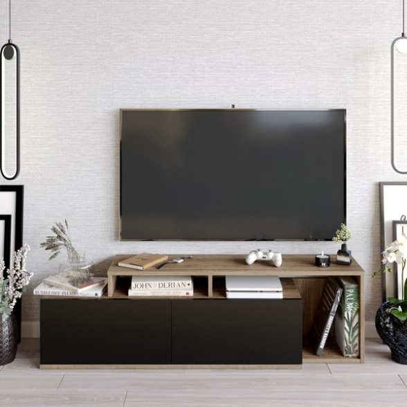 Mobile TV Da Terra 150 Cm Nero E Rovere Scuro Effetto Legno Nexera