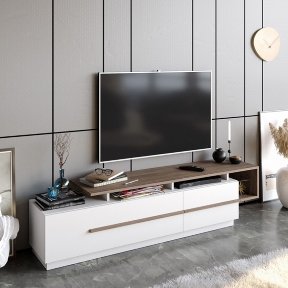 Mobile TV Da Terra 160 Cm Bianco E Rovere Effetto Legno Pia