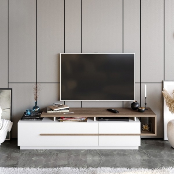 Mobile TV Da Terra 160 Cm Bianco E Rovere Effetto Legno Pia