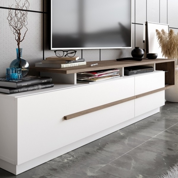 Mobile TV Da Terra 160 Cm Bianco E Rovere Effetto Legno Pia