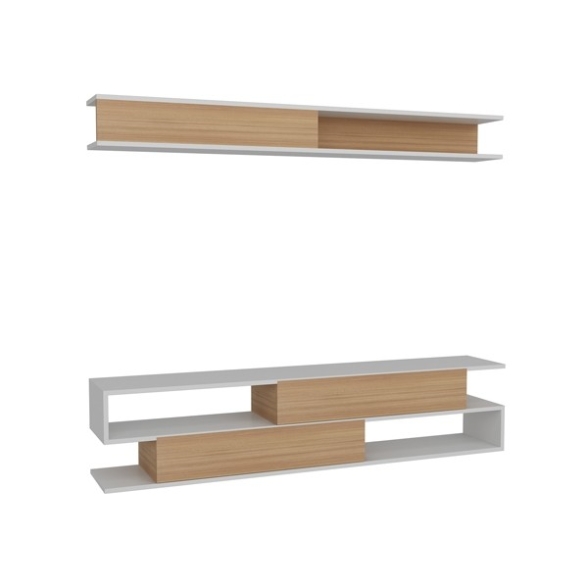 Mobile Porta TV A Parete Con Mensola Sospesa Bianco E Teak Sims