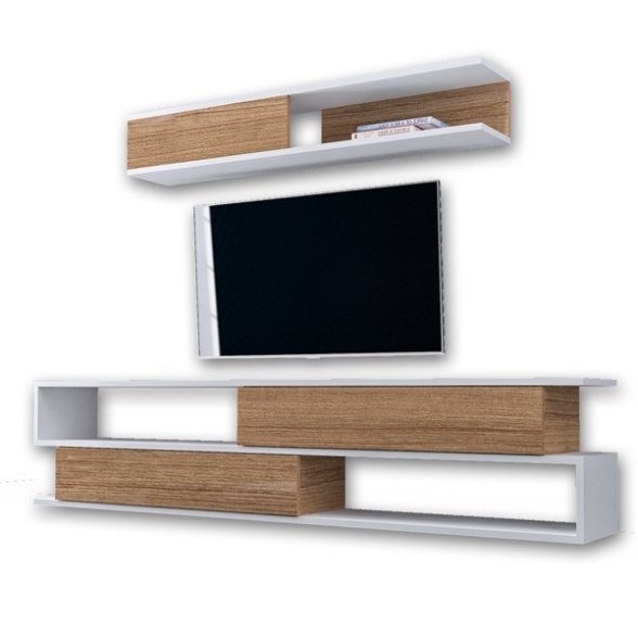 Mobile Porta TV A Parete Con Mensola Sospesa Bianco E Teak Sims