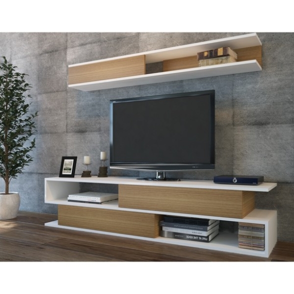 Mobile Porta TV A Parete Con Mensola Sospesa Bianco E Teak Sims
