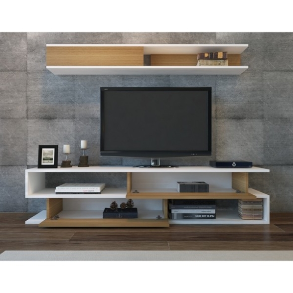Mobile Porta TV A Parete Con Mensola Sospesa Bianco E Teak Sims