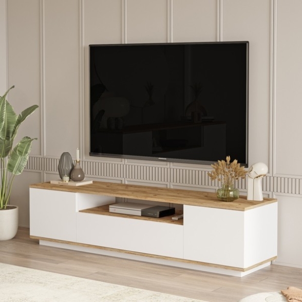 Mobile TV Da Terra 180x45x45 Bianco E Rovere Effetto Legno Frame