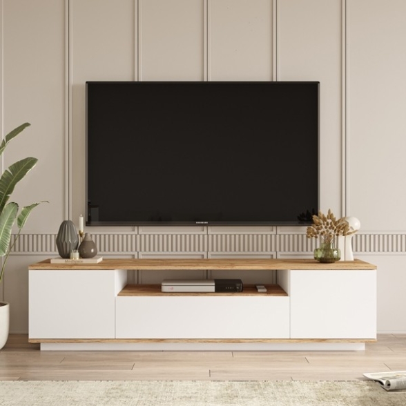 Mobile TV Da Terra 180x45x45 Bianco E Rovere Effetto Legno Frame