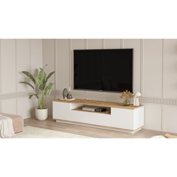 Mobile TV Da Terra 180x45x45 Bianco E Rovere Effetto Legno Frame