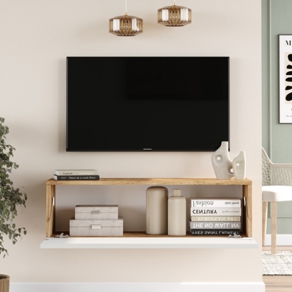 Mobile TV Sospeso 100x32x30 Bianco E Rovere Con Vano Frame