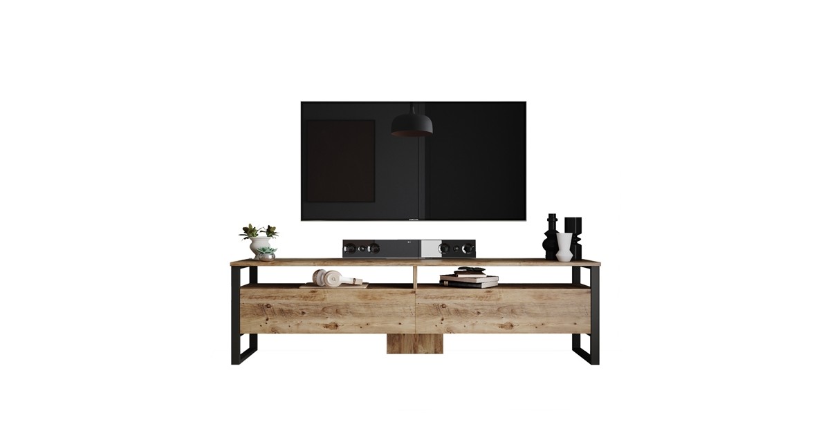 Mobile TV Industrial 180x36x56 Ferro E Legno Con Vani Mild