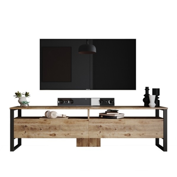 Mobile TV Industrial 180x36x56 Ferro E Legno Con Vani Mild