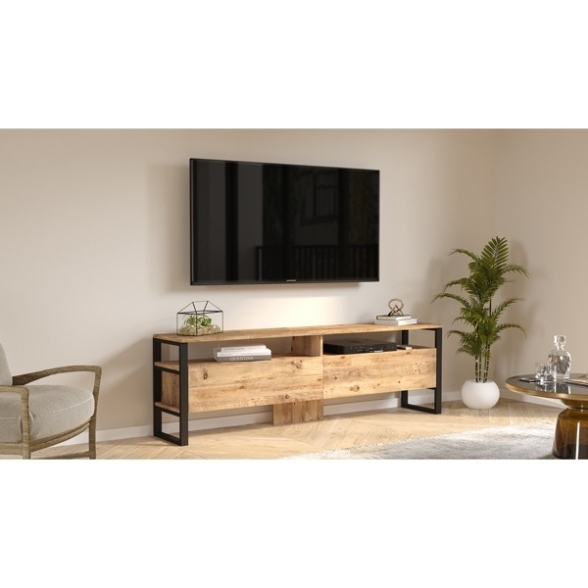 Mobile TV Industrial 180x36x56 Ferro E Legno Con Vani Mild