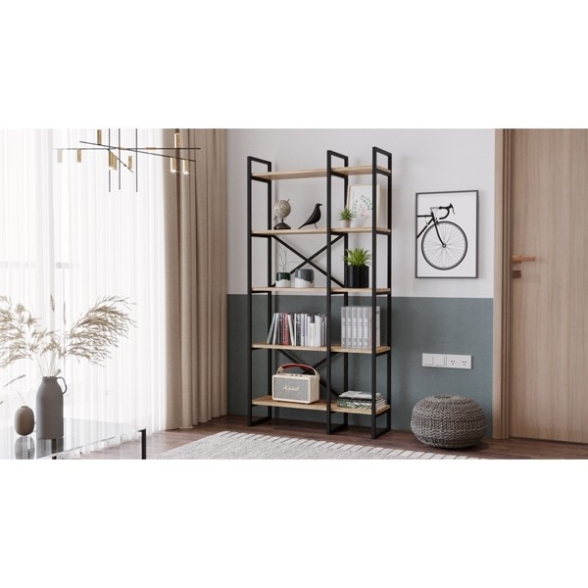 Libreria Industrial 2 Sezioni E 5 Ripiani Ferro E Legno 87x30x175 Voyage