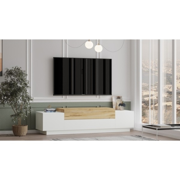 Mobile Porta TV Da Terra 160x37x38 Bianco E Rovere Con Vani Floyd