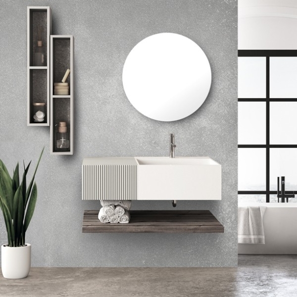 Lavabo 60 cm con cassetto laterale 40 cm grigio specchio e mensola inferiore Rovere Scuro - Itaca