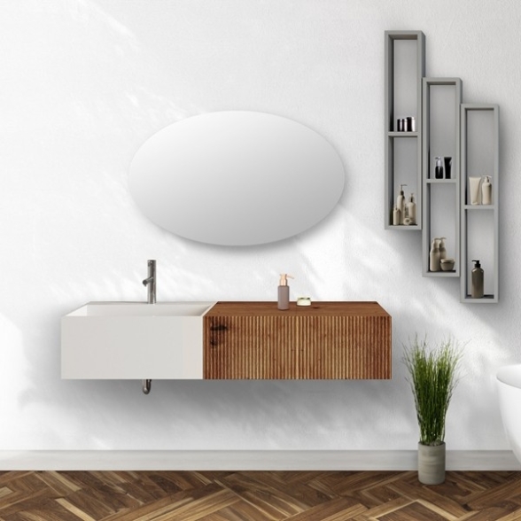 Lavabo bianco sospeso 60 cm con due cassetti laterali 40 cm rovere oro e specchio - Itaca