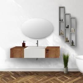 Lavabo bianco sospeso 60 cm con due cassetti laterali 40 cm rovere oro e specchio - Itaca