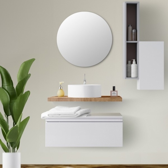 Mobile Bagno Sospeso 80 Cm Con Cassetto Bianco E Mensola Rovere Aurora