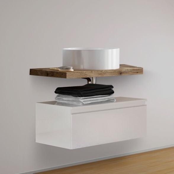 Mobile Bagno Sospeso 80 Cm Con Cassetto Bianco E Mensola Rovere Aurora
