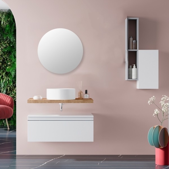 Mobile Bagno Sospeso 80 Cm Con Cassetto Bianco E Mensola Rovere Aurora