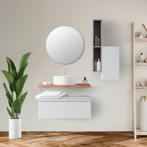 Mobile Bagno Sospeso 80 Cm Con Cassetto Bianco E Mensola Rovere Aurora