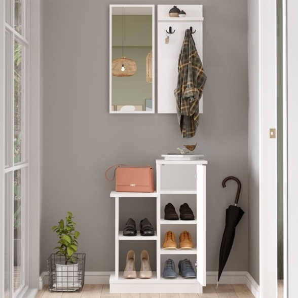 Mobile Ingresso 60 Cm Con Scarpiera Appendiabiti Specchio Cheri Bianco