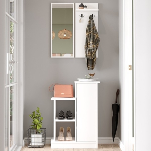 Mobile Ingresso 60 Cm Con Scarpiera Appendiabiti Specchio Cheri Bianco