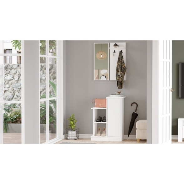 Mobile Ingresso 60 Cm Con Scarpiera Appendiabiti Specchio Cheri Bianco