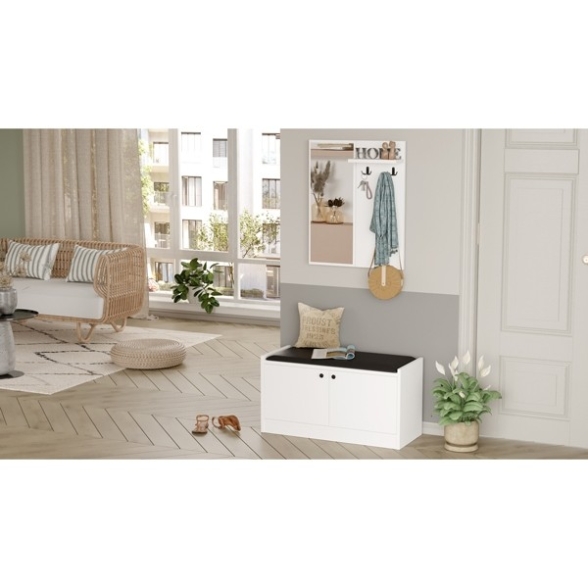 Panca Da Ingresso 85 Cm Scarpiera Appendiabiti E Specchio Lessi Bianco