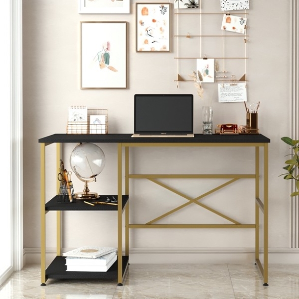 Scrivania Industrial Con Ripiani Laterali 120x60x75H Voyage Oro E Nero