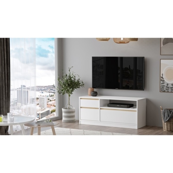 Mobile Porta Tv Da Terra 120x40x52 Bianco E Rovere Ante A Ribalta Luvio