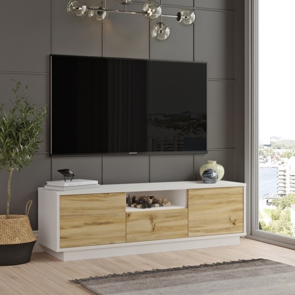 Mobile Porta Tv Da Terra 140x35x42 Bianco E Rovere Ante A Ribalta Luvio