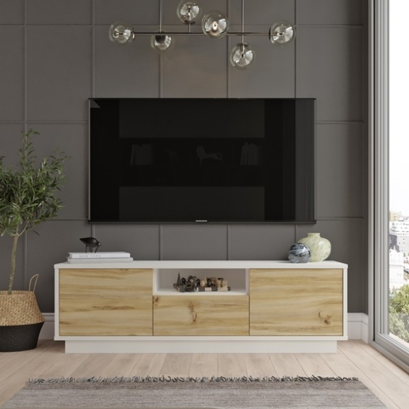 Mobile Porta Tv Da Terra 140x35x42 Bianco E Rovere Ante A Ribalta Luvio