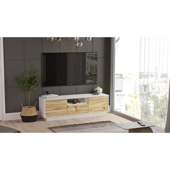 Mobile Porta Tv Da Terra 140x35x42 Bianco E Rovere Ante A Ribalta Luvio