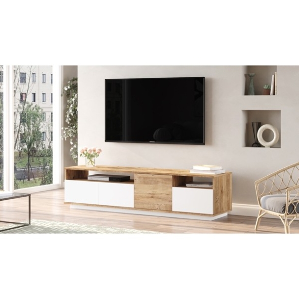 Mobile Porta Tv Da Terra 180x45x45 Bianco E Rovere Con Vani Force