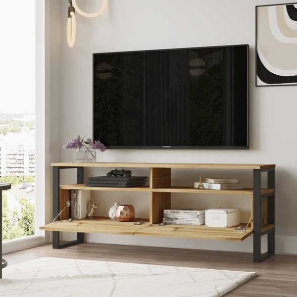 Mobile TV Industrial 140x36x56 Ferro E Legno Con Vani Luvio