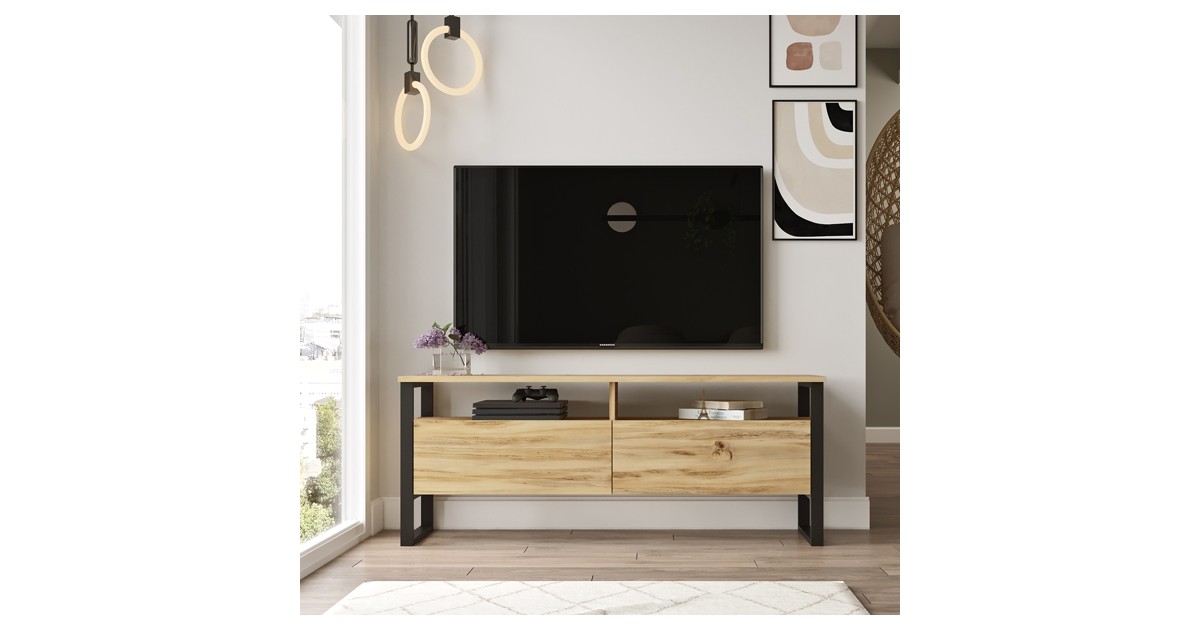 Mobile TV Industrial 140x36x56 Ferro E Legno Con Vani Luvio