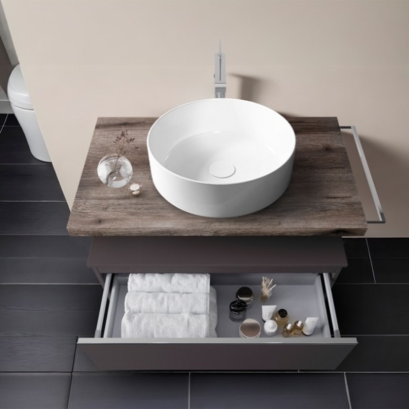 Mobile Bagno Sospeso 80 Cm Con Cassetto Lino E Mensola Rovere Aurora