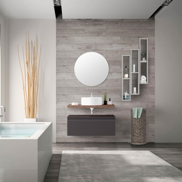 Mobile Bagno Sospeso 80 Cm Con Cassetto Lino E Mensola Rovere Aurora