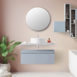 Mobile Bagno Sospeso 80 Cm Con Cassettone Blu Pastello Mensola Beton Lavabo E Specchio Aurora