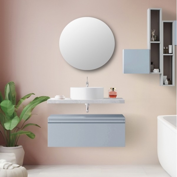 Mobile Bagno Sospeso 80 Cm Con Cassetto Blu E Mensola Cemento Aurora