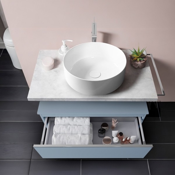 Mobile Bagno Sospeso 80 Cm Con Cassetto Blu E Mensola Cemento Aurora