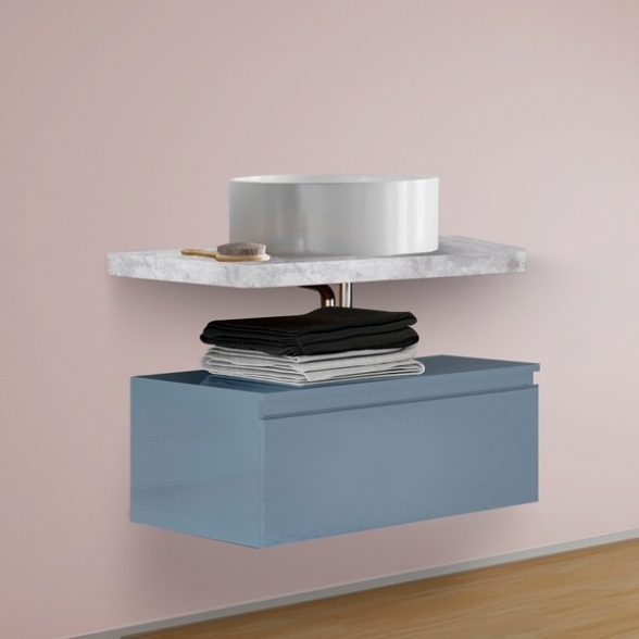 Mobile Bagno Sospeso 80 Cm Con Cassetto Blu E Mensola Cemento Aurora