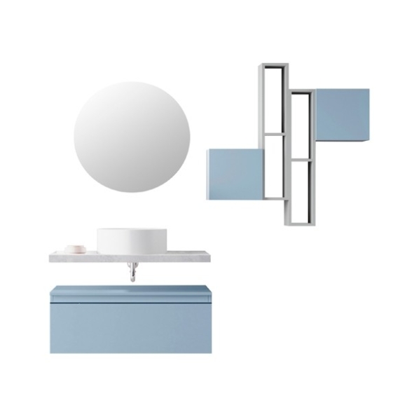 Mobile Bagno Sospeso 80 Cm Con Cassetto Blu E Mensola Cemento Aurora