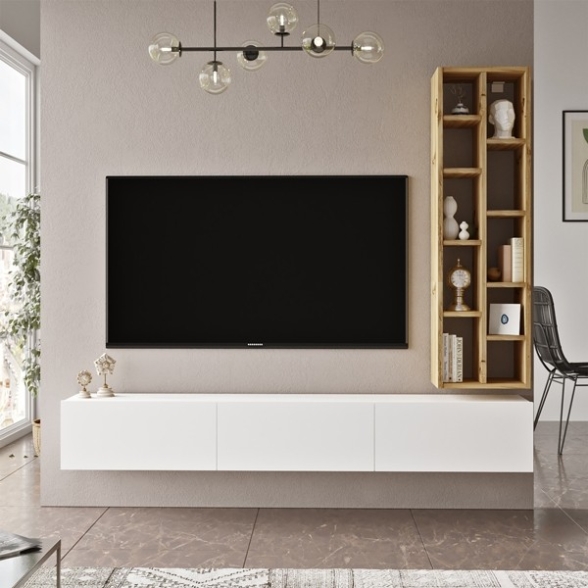Mobile TV Sospeso Bianco 175 Cm Con Libreria Rovere Effetto Legno Luvio