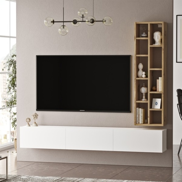 Mobile TV Sospeso Bianco 175 Cm Con Libreria Rovere Effetto Legno Luvio