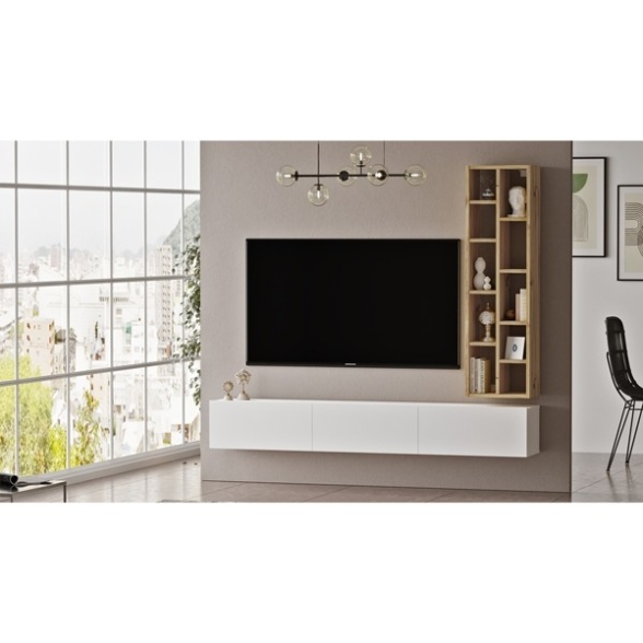 Mobile TV Sospeso Bianco 175 Cm Con Libreria Rovere Effetto Legno Luvio