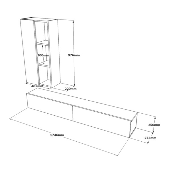 Mobile TV Sospeso Rovere Effetto Legno 175 Cm Con Libreria Luvio