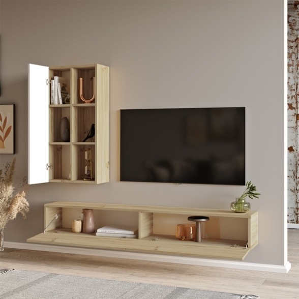 Mobile TV Sospeso Rovere Effetto Legno 175 Cm Con Libreria Luvio