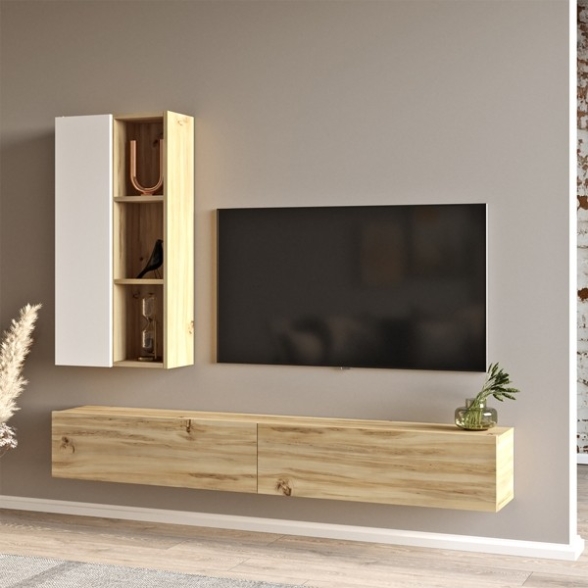 Mobile TV Sospeso Rovere Effetto Legno 175 Cm Con Libreria Luvio